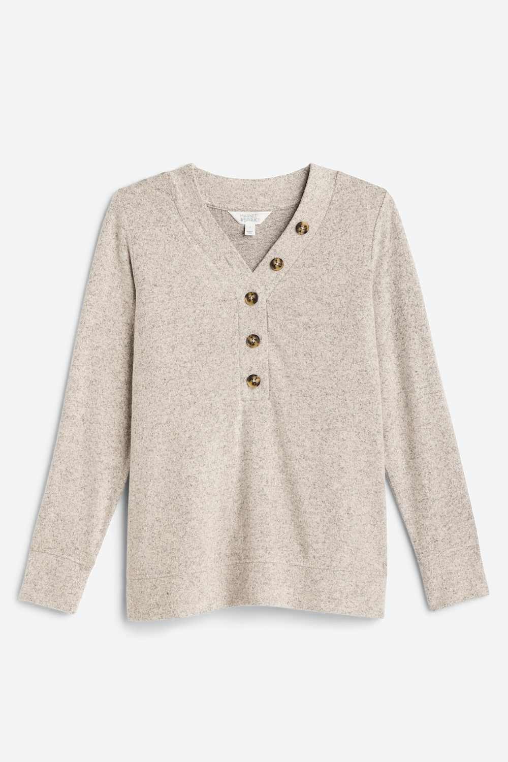 V-Neck Wide Placket Henley Knit Top
