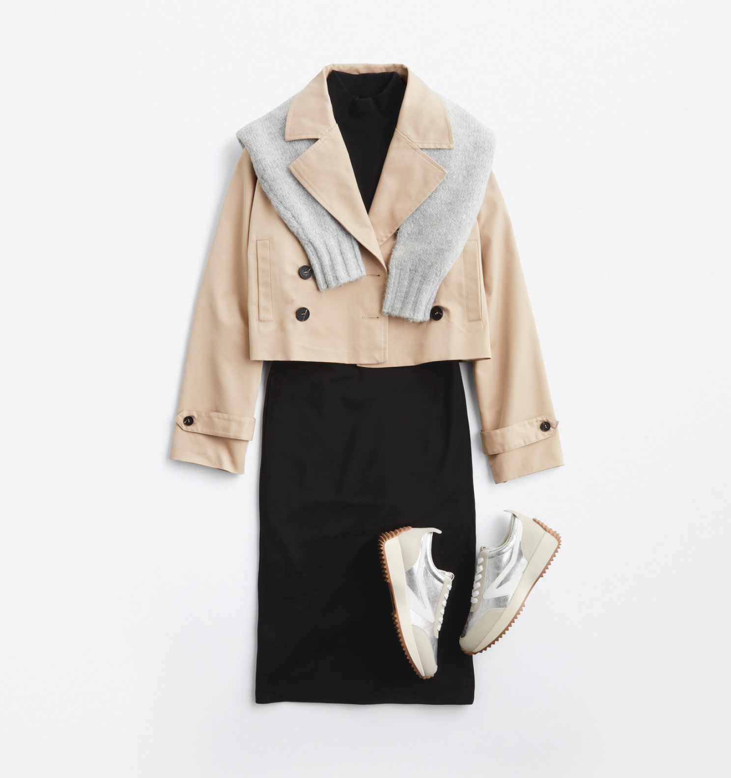 Stitch Fix women’s clothing: brown leather jacket, jeans, purse, striped sweater, sneakers, loafers and more.