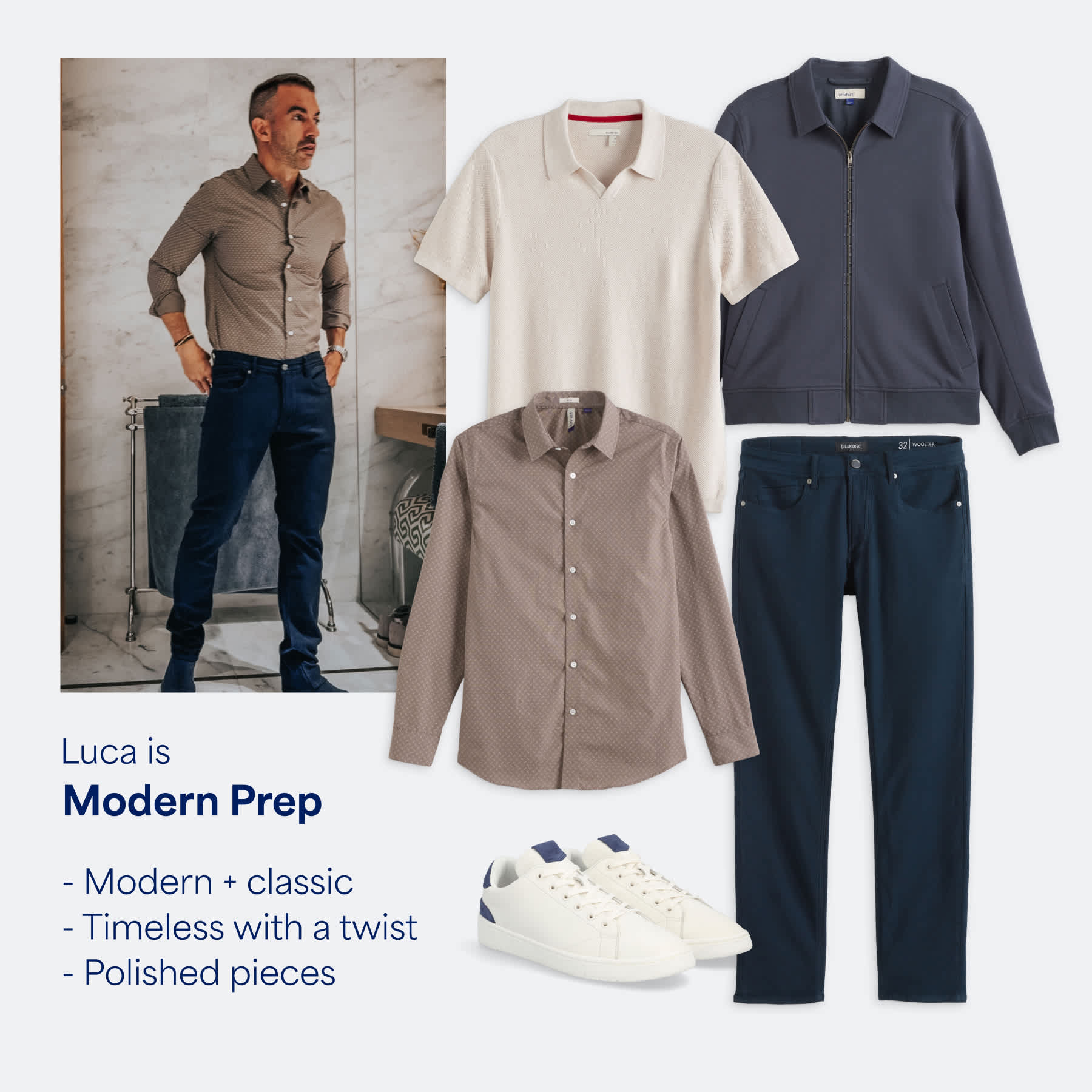 Stitch Fix male model wearing a button-down and chinos to match his StyleFile personality, Modern Prep.