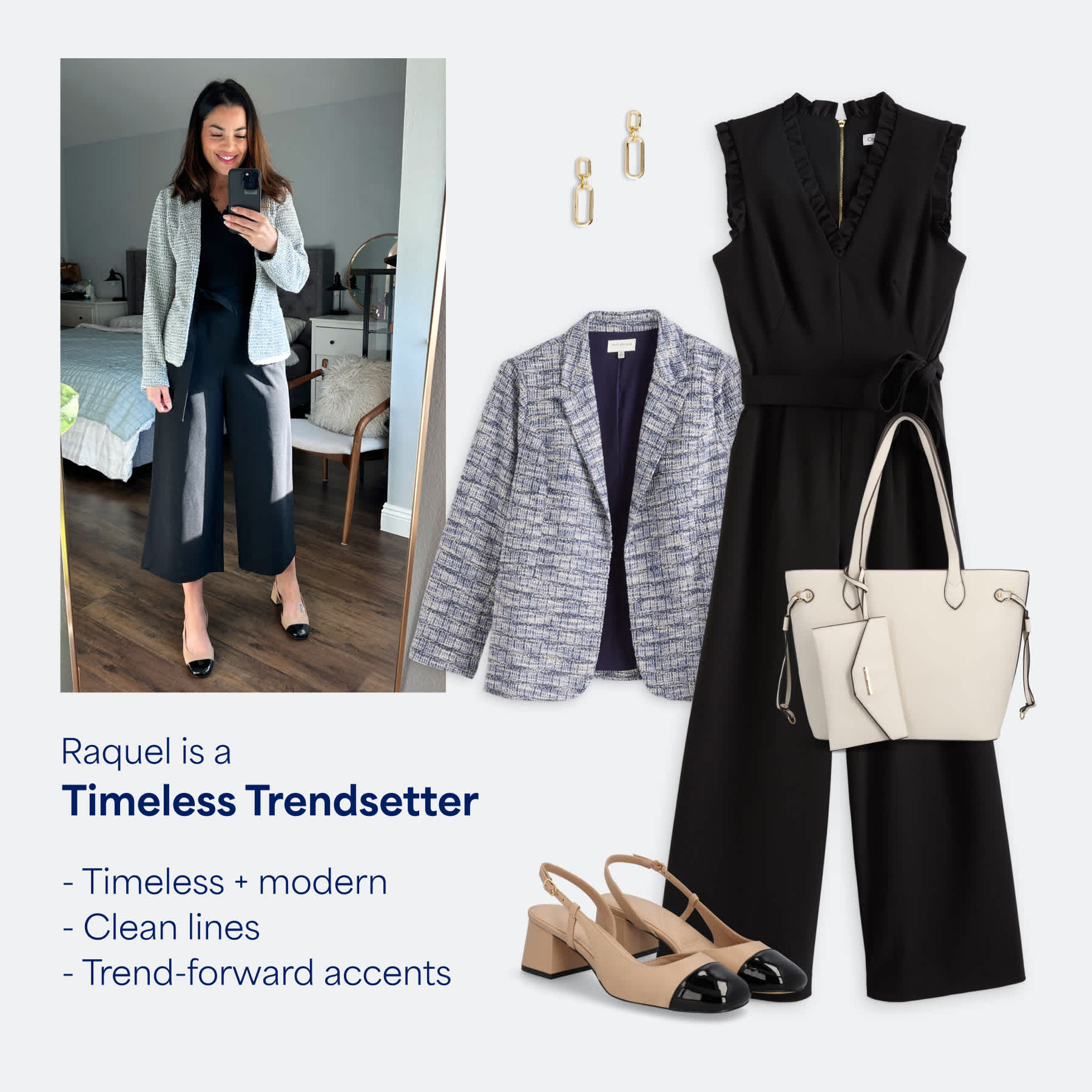 Stitch Fix female model wearing a black jumpsuit and blazer to match her StyleFile personality, Timeless Trendsetter.