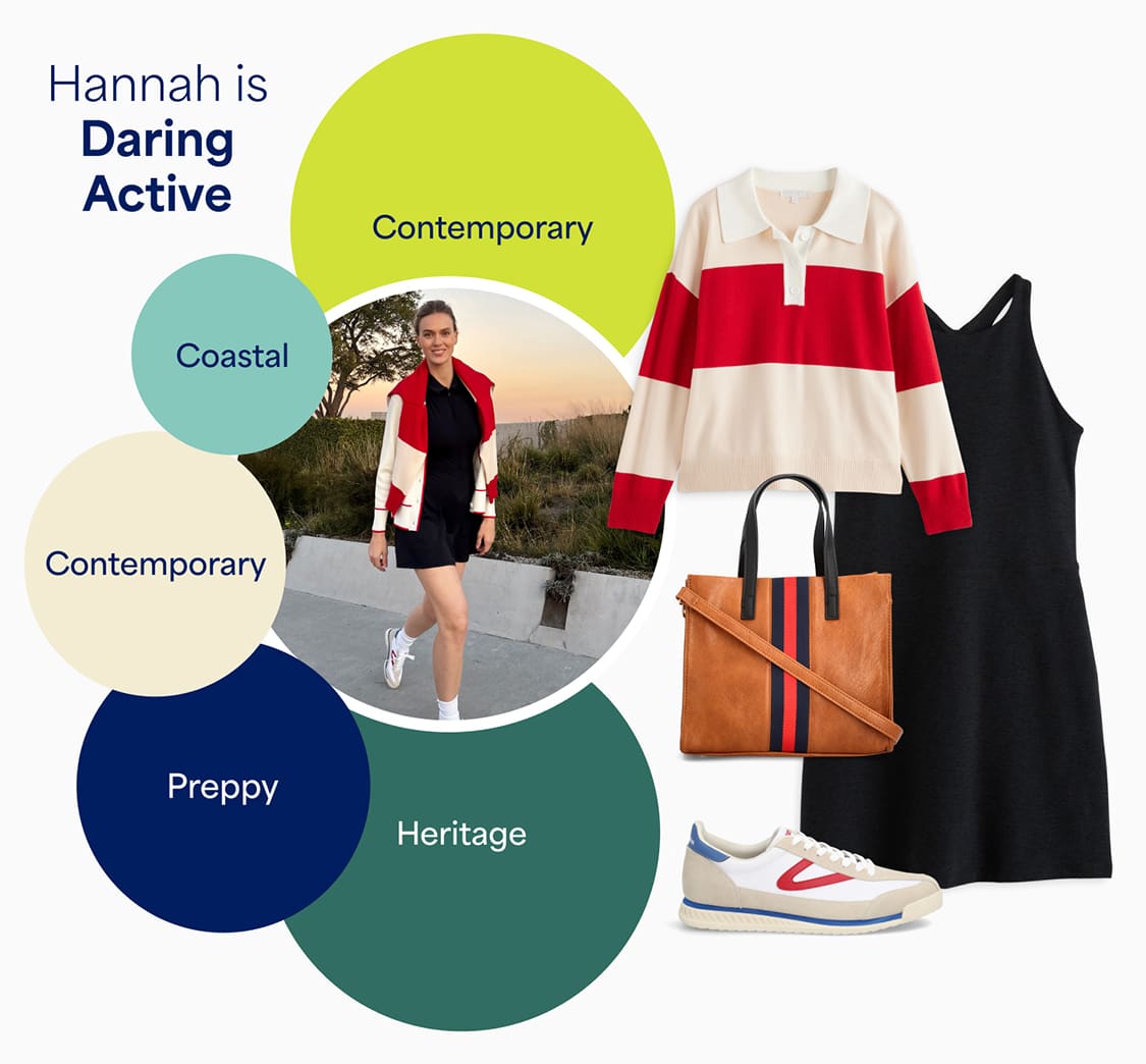 Stitch Fix female model wearing a sporty dress and rugby sweater to match her StyleFile personality, Daring Active.