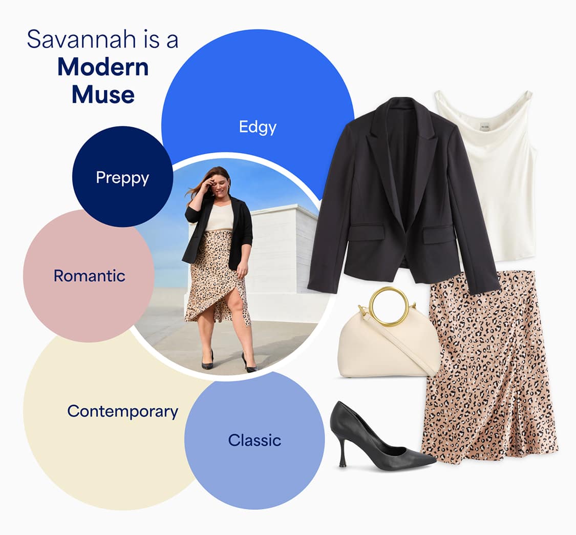 Stitch Fix female model wearing a black blazer and midi skirt to match her StyleFile personality, Modern Muse.