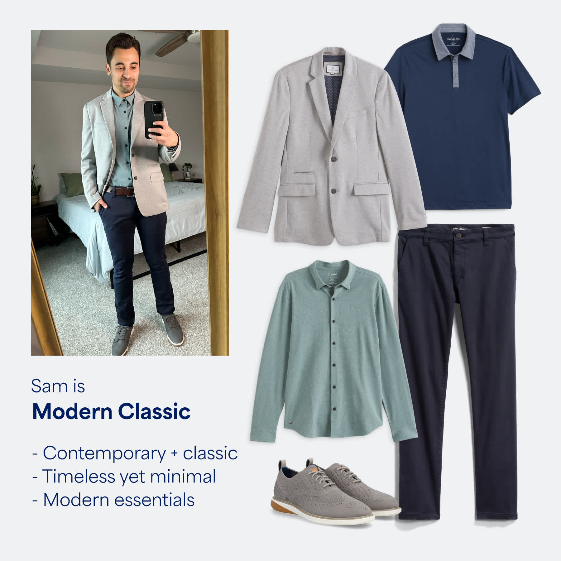 Stitch Fix male model wearing a polo shirt and slacks to match his StyleFile personality, Modern Classic.