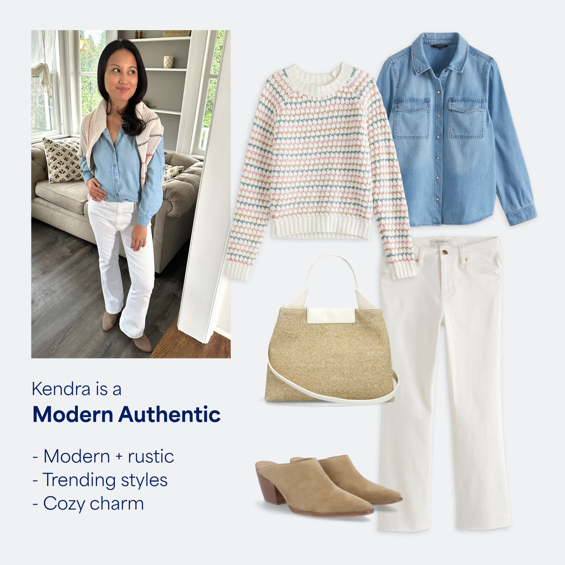  Stitch Fix female model wearing a chambray shirt and white jeans to match her StyleFile personality, Modern Authentic.