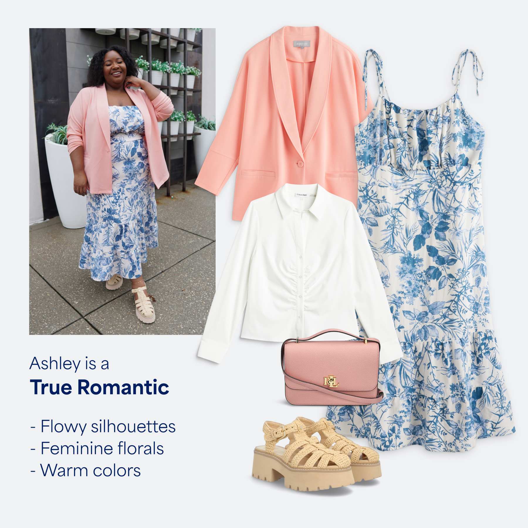 Stitch Fix female model wearing a floral dress and pastel blazer to match her StyleFile personality, True Romantic.