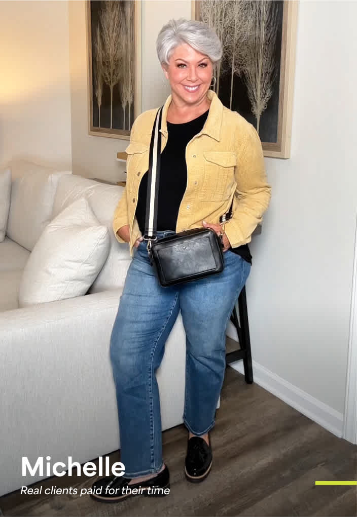 Michelle: Woman wearing a yellow moto jacket, black top and jeans with ankle boots—edgy and modern look for women over 60.