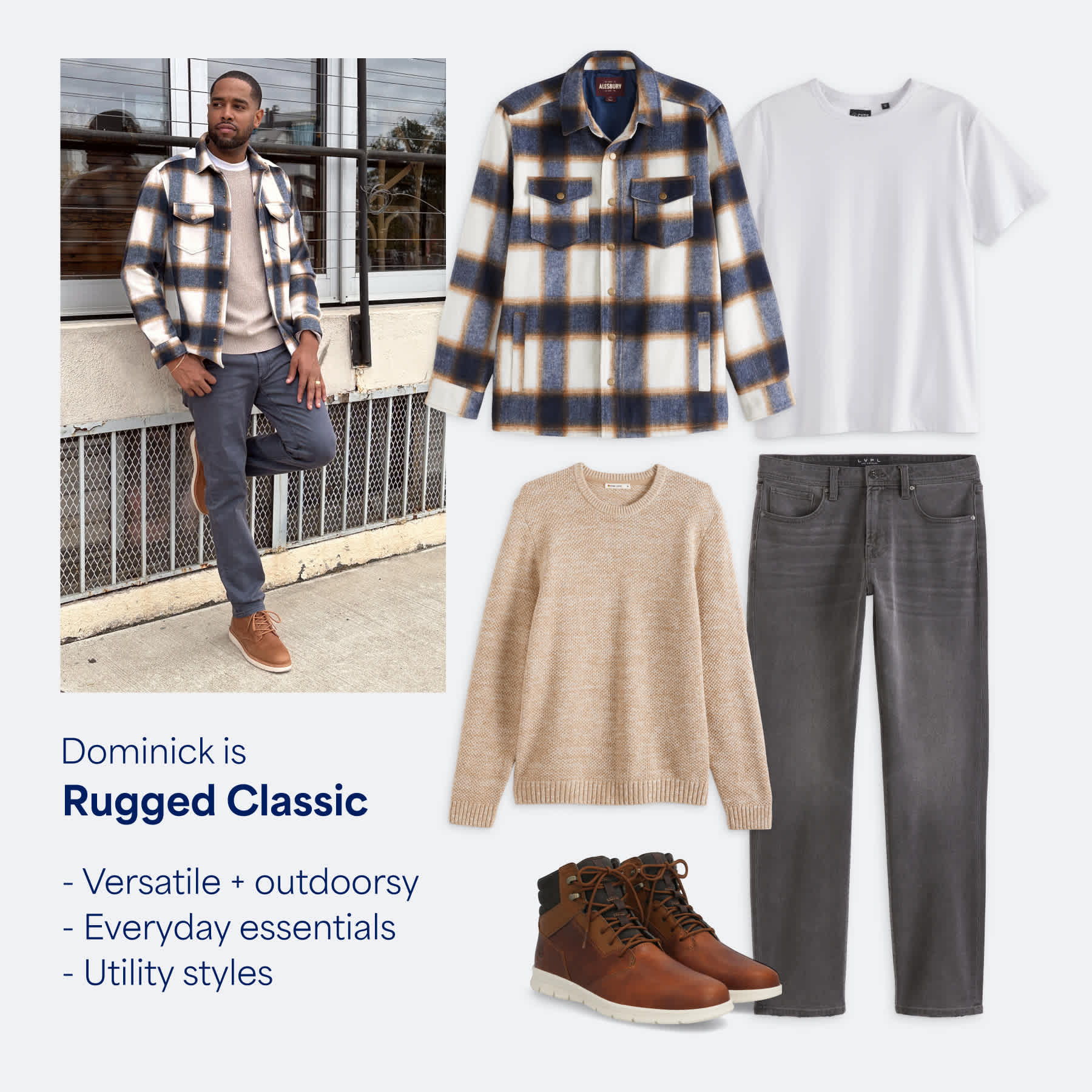 Stitch Fix male model wearing a plaid shacket and grey jeans to match his StyleFile personality, Rugged Classic.