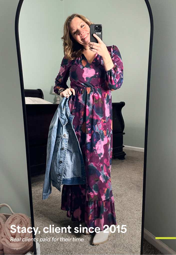 Stacy  Stitch Fix client Stacy taking a mirror selfie in a long-sleeve floral maxi dress, holding a denim jacket. Text reads: “Stacy, client since 2015. Real clients paid for their time.”