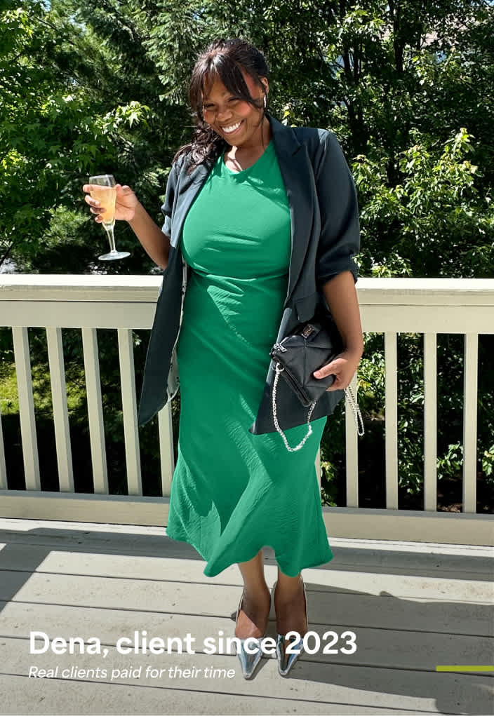 Model wearing Stitch Fix women’s clothing, including: green midi dress, black blazer, silver heels. Text reads: “Dena, client since 2023.”