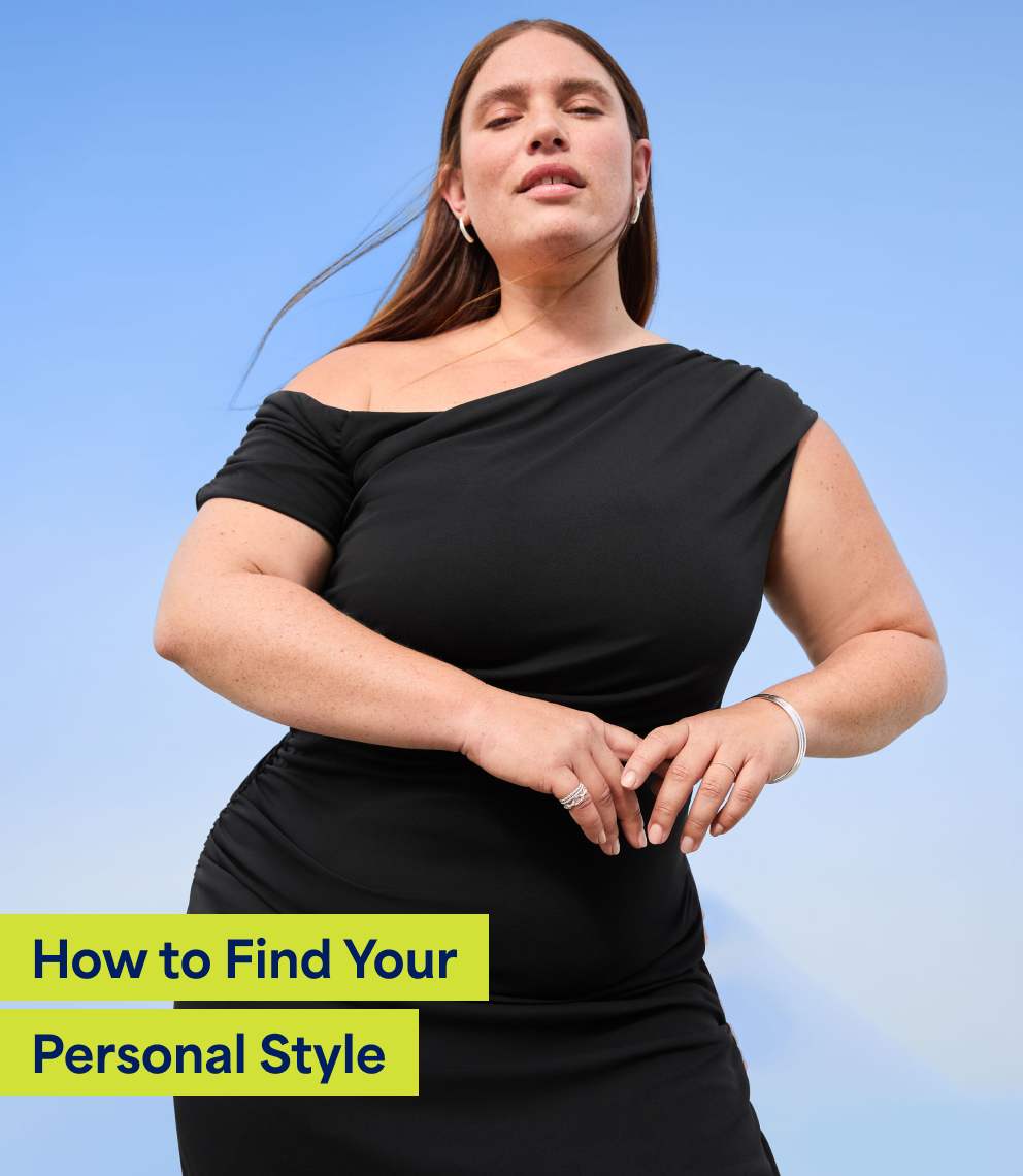 “How to Find Your Personal Style”   Model wearing Stitch Fix women’s clothing, including: a one-shoulder black bodycon dress, standing confidently outdoors with a city skyline behind her. Text on image reads: “How to Find Your Personal Style.”