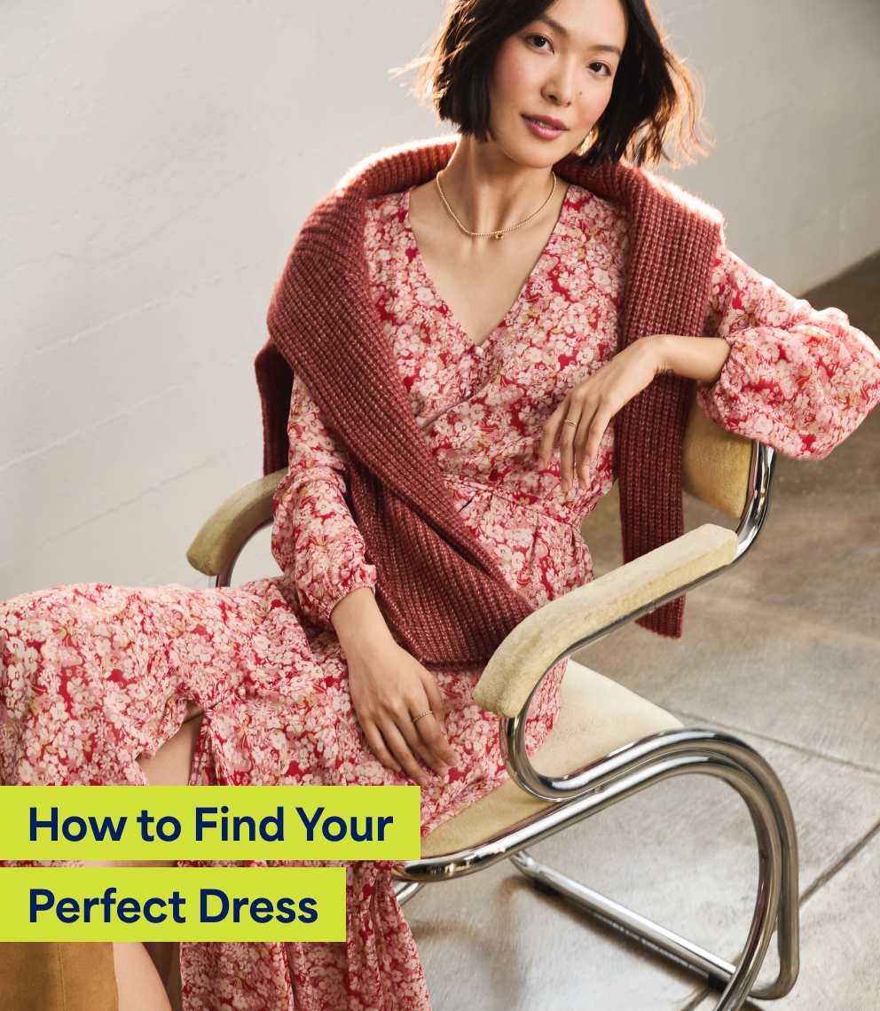 “How to Find Your Perfect Dress”   Model wearing Stitch Fix women’s clothing, including: a long-sleeve red floral maxi dress with a knit cardigan draped over her shoulders, seated in a modern chair. Text on image reads: “How to Find Your Perfect Dress.”