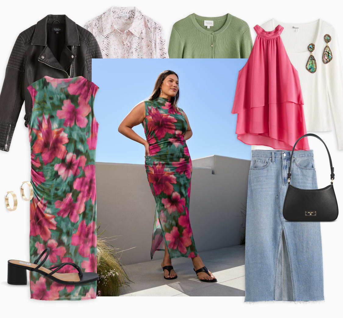 Model in Stitch Fix: floral sleeveless dress. Flat lays: blouse, denim skirt, leather jacket. Text: “Personal styling for your FIT.”
