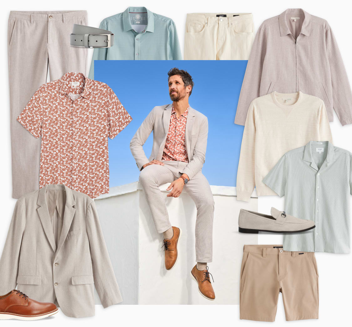Model in Stitch Fix: tan blazer, printed button-down, light pants. Flat lays: polos, shirts, trousers, loafers. Text: “Personal styling for your FIT.”