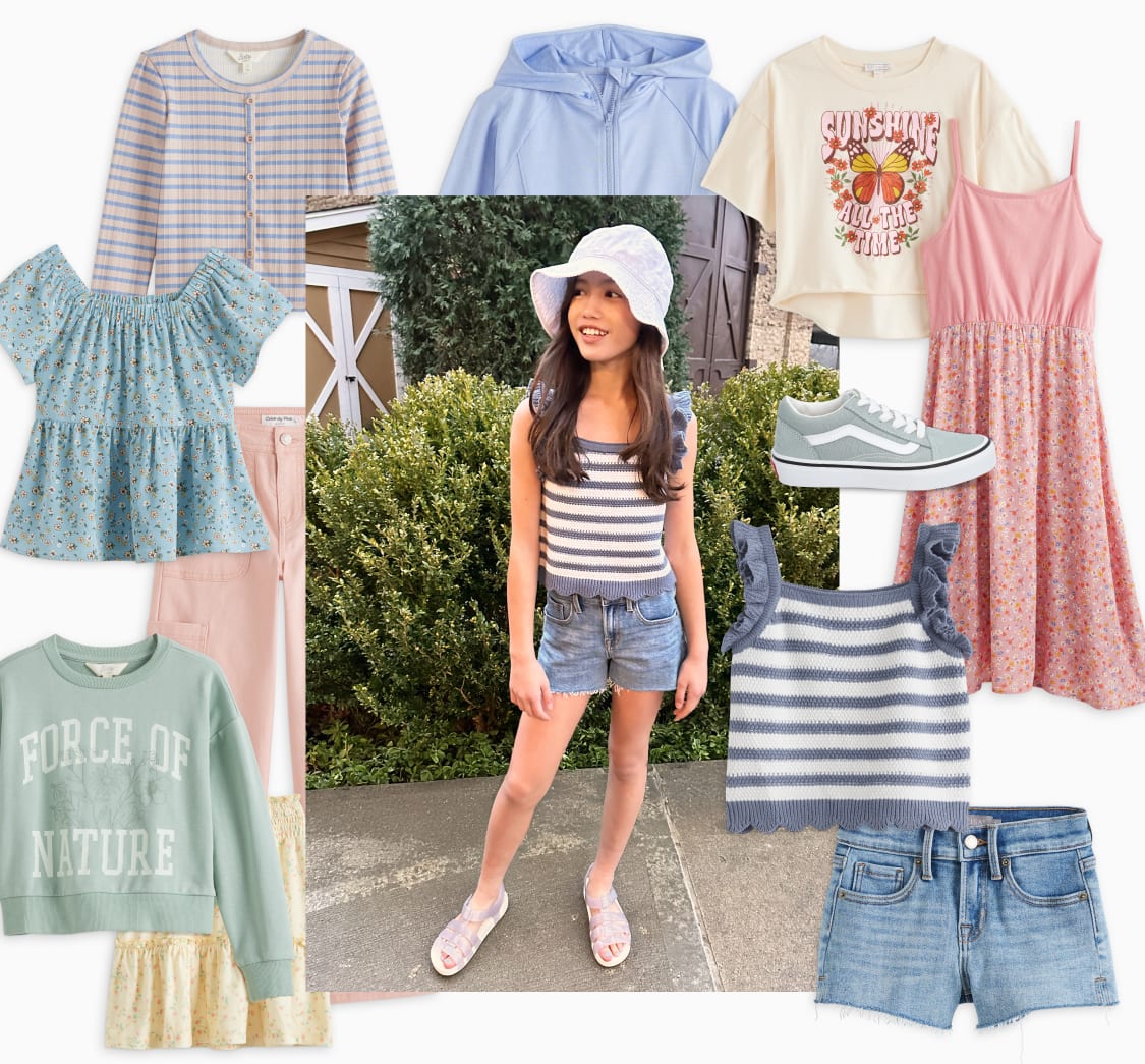 Girl in Stitch Fix: striped tank, denim shorts, baseball cap. Flat lays: dresses, skirts, tops, sneakers. Text: “Personal styling for their BUDGET.”