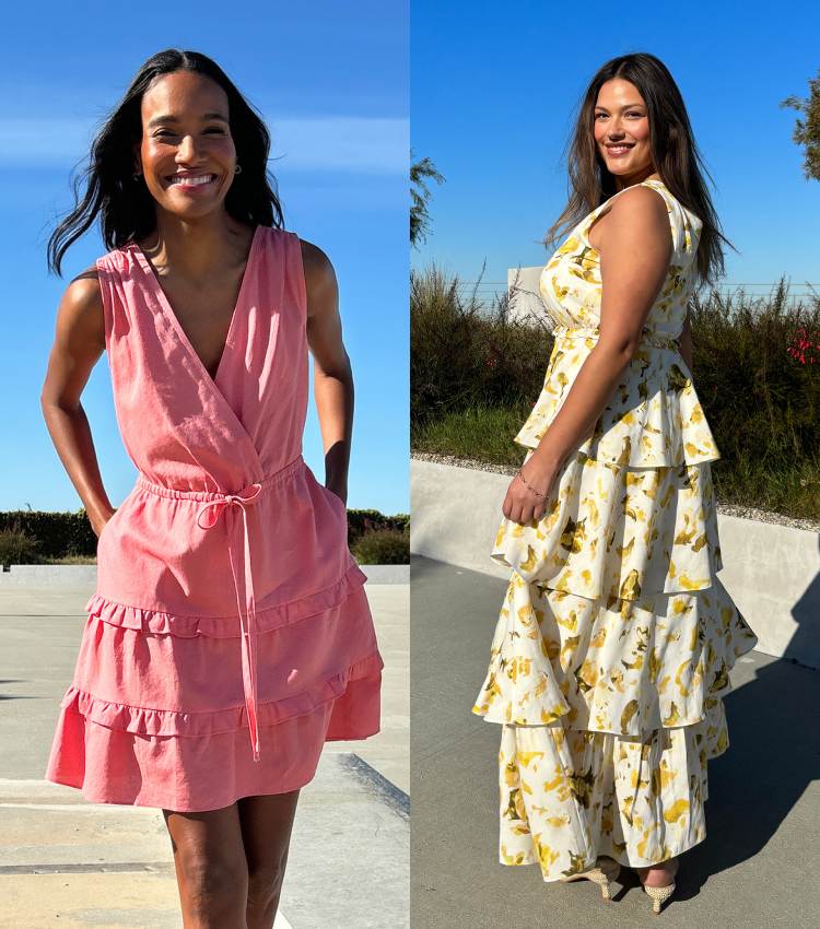 Left Image Alt Text: Model wearing Stitch Fix women’s clothing, including: a sleeveless coral pink wrap dress with a tie waist and ruffled hem. Text on image reads: “Find the Best Dresses for Your Style, Body and Life.” Right Image Alt Text: Model wearing Stitch Fix women’s clothing, including: a sleeveless white maxi dress with yellow floral print and tiered ruffle skirt. Text on image reads: “Find the Best Dresses for Your Style, Body and Life.”
