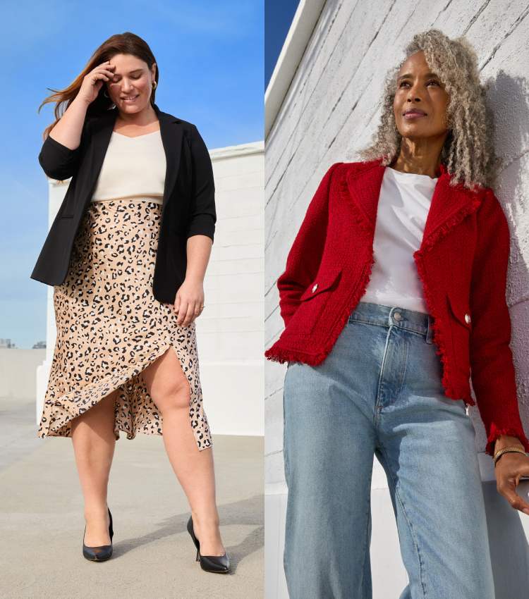 Left Image: Woman wearing a leopard print wrap skirt, black blazer and heels—chic outfit idea for women in their 40s and 50s. 2. Right Image: Woman in a textured red jacket, white top and high-waisted jeans—modern casual look for women over 60.