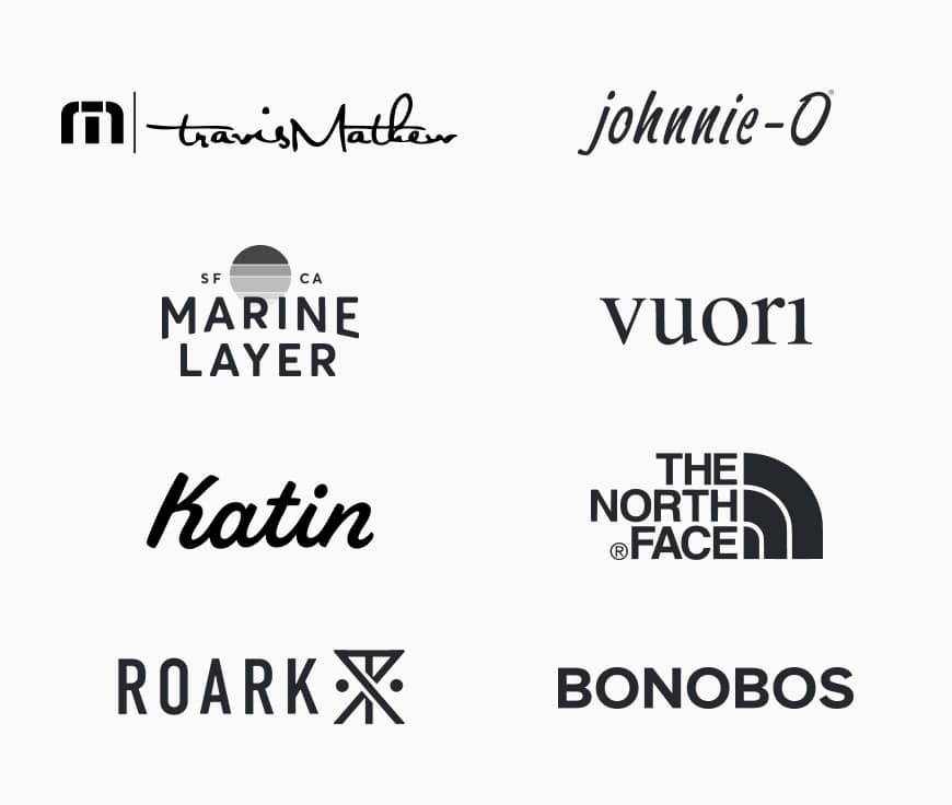 Brand logos: Travis Mathew, Johnnie-O, Marine Layer, Vuori, Katin, The North Face, Roark, Bonobos
