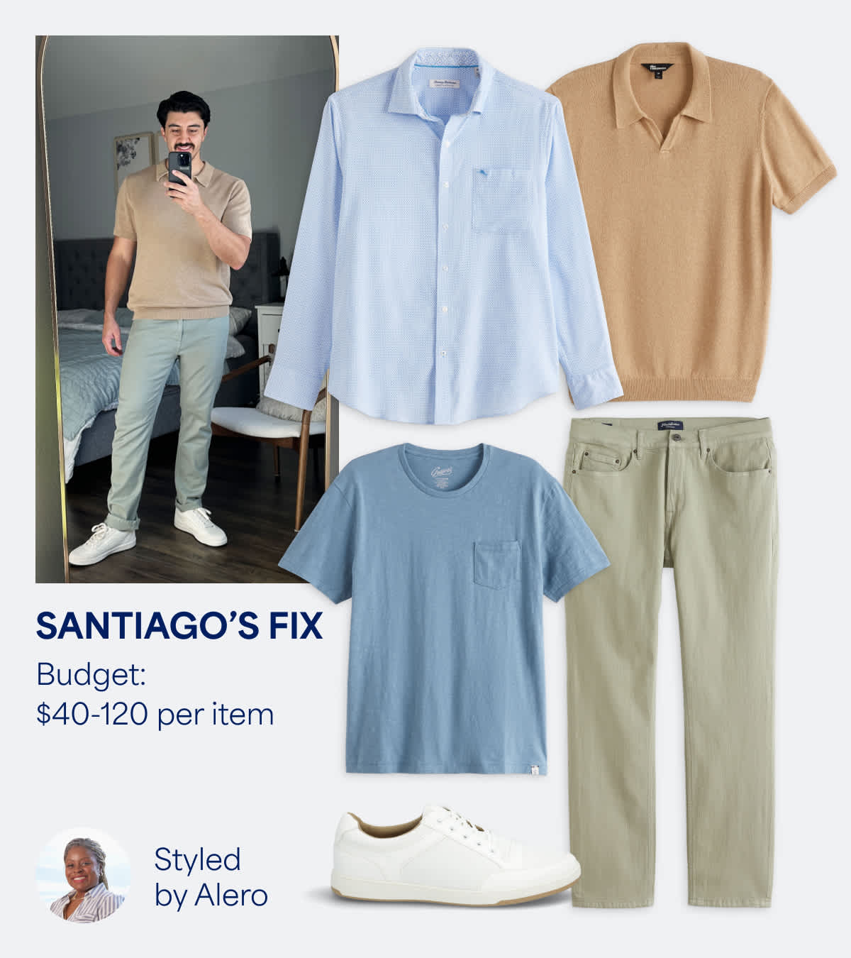 Stitch Fix outfit styled by Alero for Santiago: tan polo, blue tee, light blue button-down, sage pants, and white sneakers. Budget: $40–$120 per item.