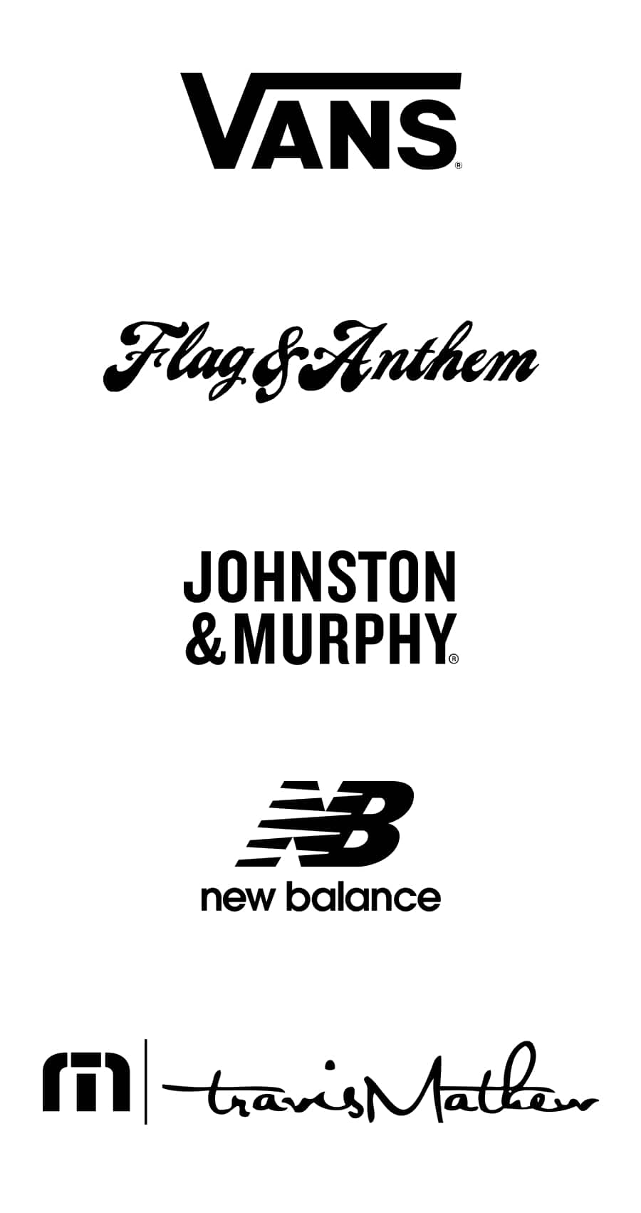 Brand logos: Vans, Flag & Anthem, Jonston & Murphy, New Balance, Travis Mathew