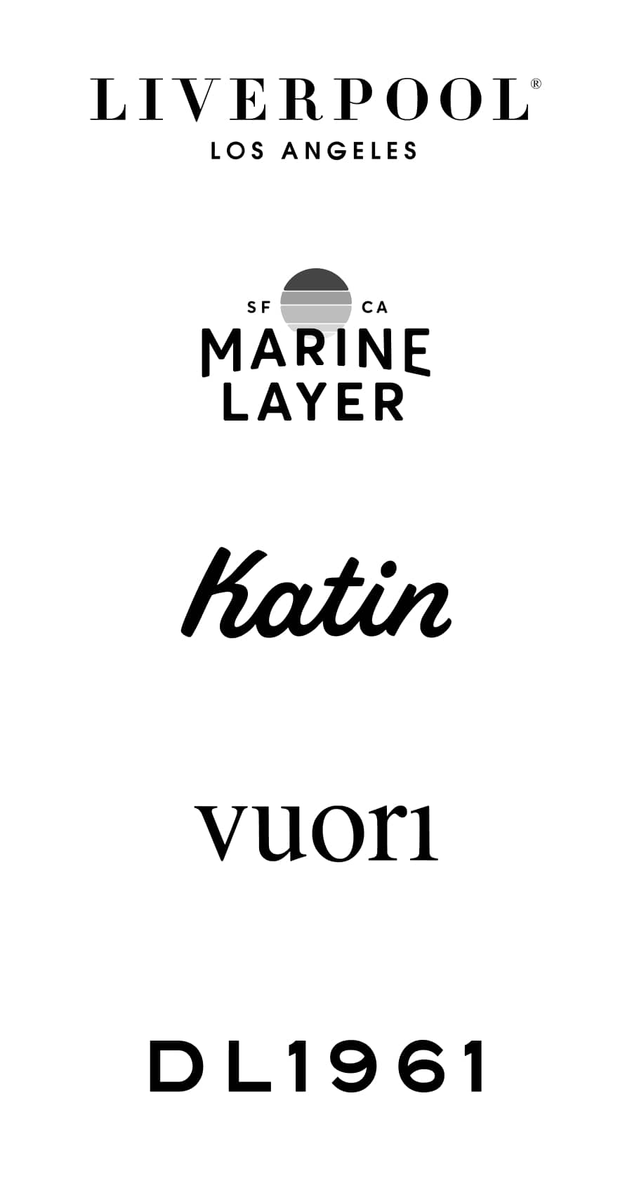 Brand logos: Liverpool, Marine Layer, Katin, Vuori, DL1961