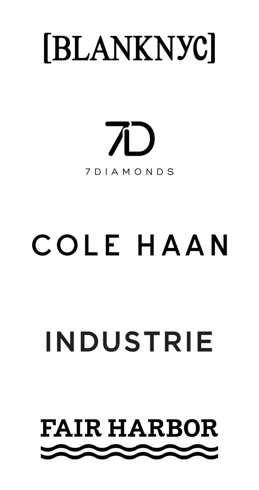 Brand logos: Blank NYC, 7Diamonds, Cole Haan, Industrie, Fair Harbor