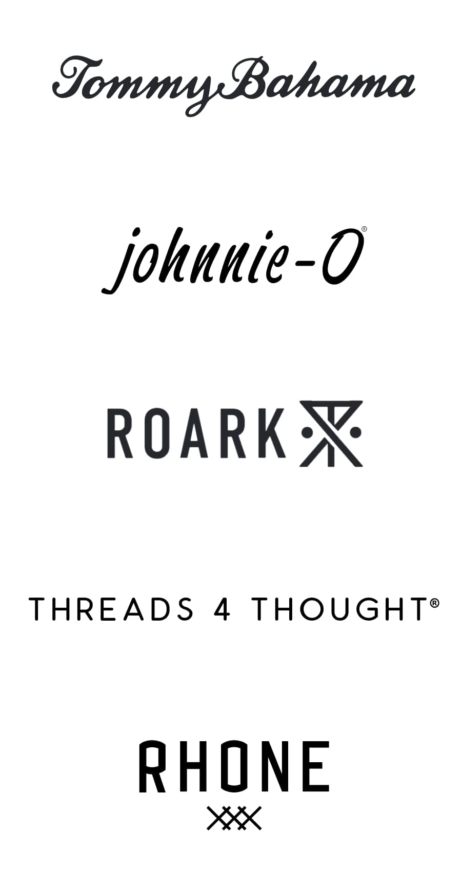 Brand logos: Tommy Bahama, Johnnie-O, Roark, Threads 5 Thought, Rhone