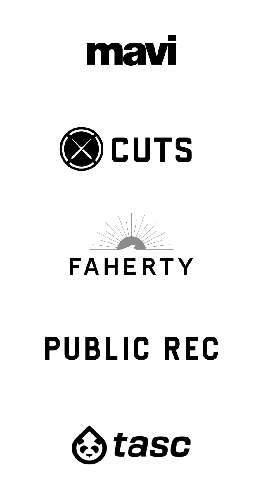 Brand logos: Mavi. Cuts, Faherty, Public Rec, Tasc