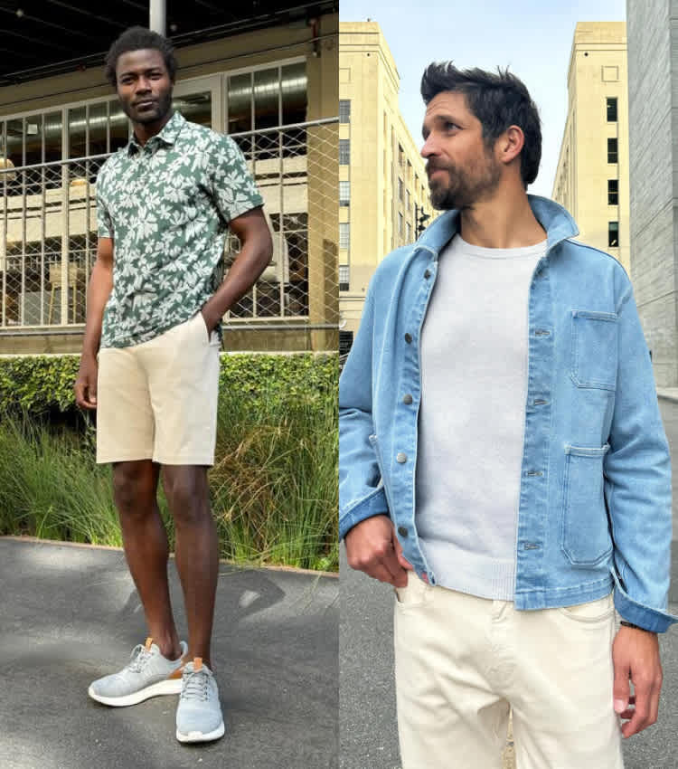 Model wearing Stitch Fix men’s clothing, including: green floral polo, cream shorts, gray sneakers.  Model wearing Stitch Fix men’s clothing, including: light wash denim jacket, gray crewneck, cream pants.