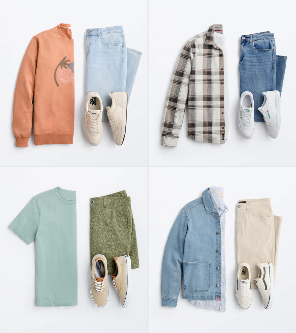 Men’s everyday outfit with peach graphic sweatshirt, light wash jeans and tan sneakers.   Men’s casual look with brown plaid overshirt, dark wash jeans and white sneakers.   Men’s warm-weather outfit with sage green tee, olive textured shorts and neutral sneakers.   Men’s everyday layers with light denim jacket, white tee, beige pants and white sneakers.