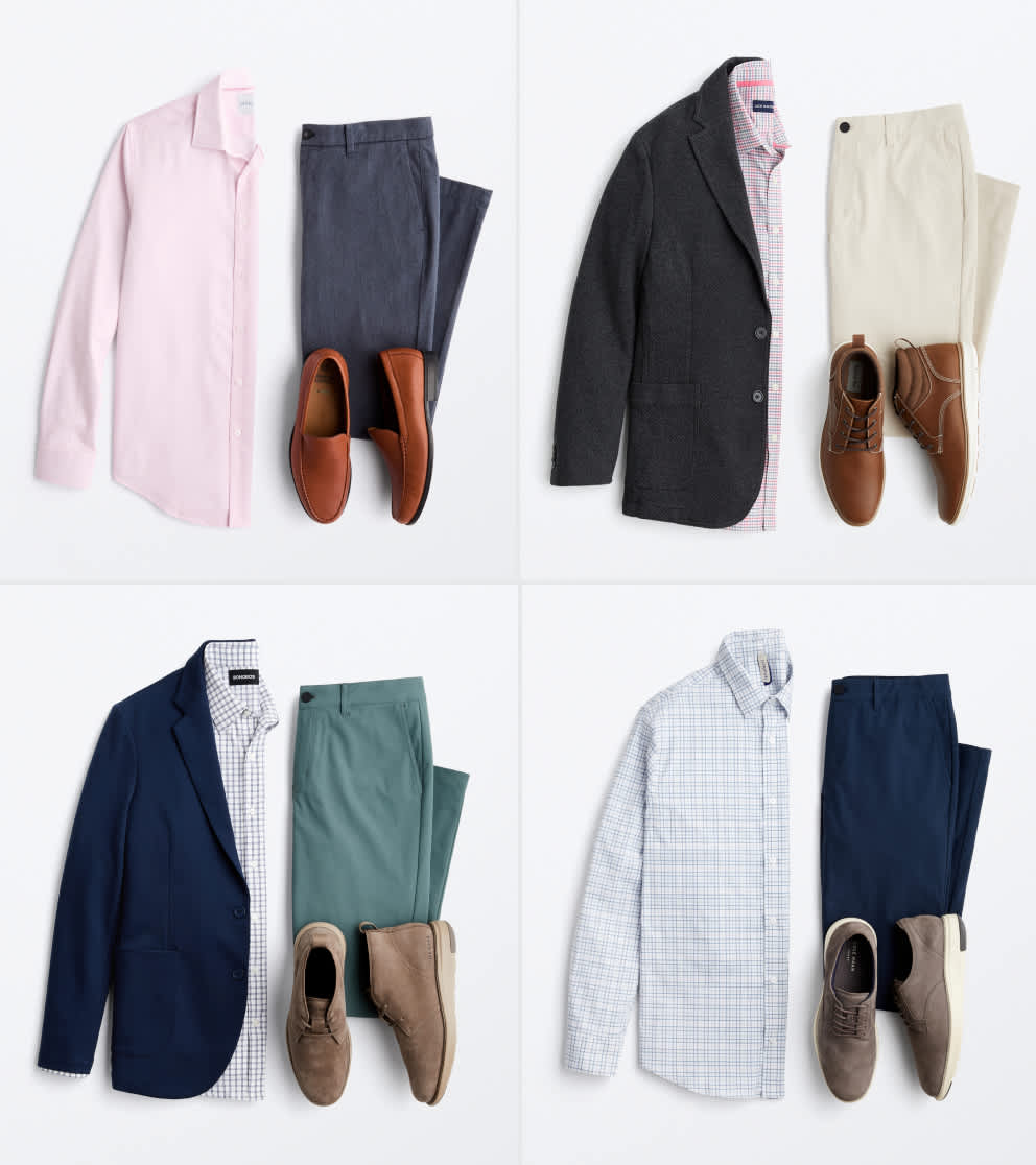 Men’s office look with light pink button-down shirt, navy trousers and brown dress shoes.   Men’s business casual outfit with dark textured blazer, cream pants and brown oxfords.   Men’s polished workwear with navy blazer, check shirt, green pants and taupe loafers.   Men’s smart office style with light blue check shirt, navy pants and brown lace-up shoes.
