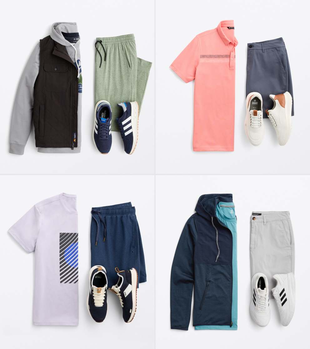 Men’s active outfit with gray and black jacket, green shorts and black Adidas sneakers.   Men’s sporty look with coral performance polo, gray shorts and white athletic sneakers.   Men’s workout set with lavender graphic tee, navy shorts and black running shoes.   Men’s athletic outfit with navy and teal hoodie, gray shorts and white Adidas sneakers.