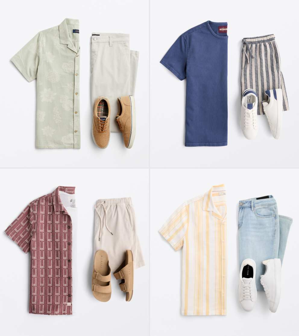 Men’s vacation outfit with sage green palm-print shirt, beige pants and woven slip-ons.   Men’s relaxed look with navy textured tee, striped drawstring pants and white sneakers.   Men’s breezy outfit with maroon print shirt, tan shorts and tan sandals.   Men’s sunny vacation look with yellow striped shirt, light denim shorts and white sneakers.