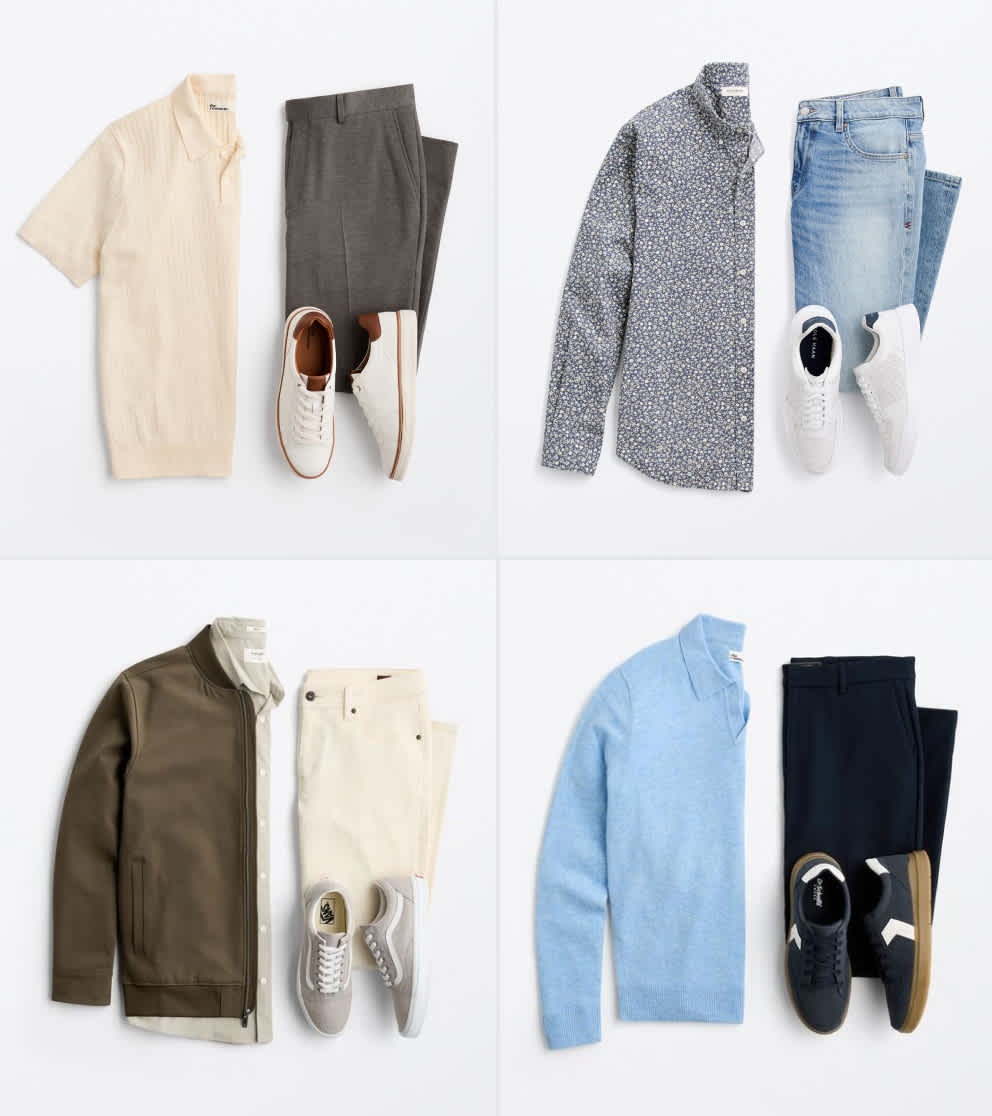 Men’s date night look with cream knit polo, charcoal pants and white sneakers.   Men’s elevated casual outfit with navy floral button-down, light jeans and white sneakers.   Men’s layered look with olive bomber jacket, cream pants and taupe sneakers.   Men’s dressy casual outfit with light blue sweater, navy trousers and dark suede shoes.