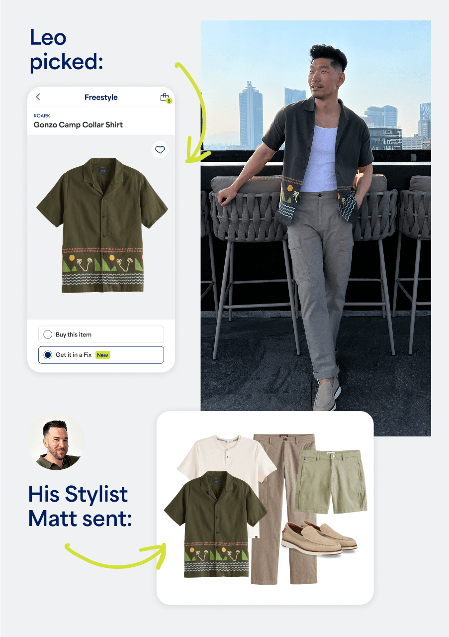 Leo picked a green short-sleeve shirt. Man in Stitch Fix men’s outfit including short-sleeve shirt, chinos and loafers and assortment of complementary clothes from his Stylist Matt