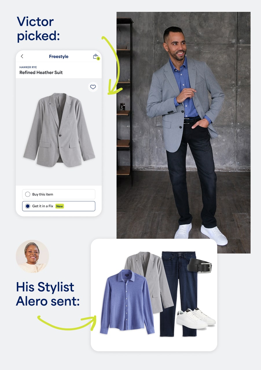 Victor picked a gray blazer. Man in Stitch Fix men’s outfit including gray blazer, dark jeans, blue button-down shirt and white sneakers with an assortment of complementary clothes from his Stylist Alero