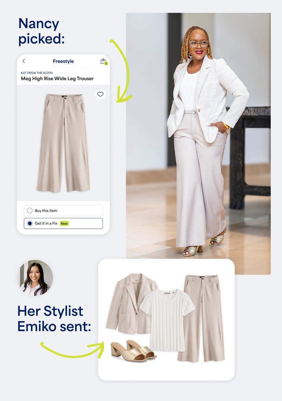 Nancy picked a pair of workwear trousers. Woman in Stitch Fix workwear outfit including white blazer, pants, and metallic sandals with an assortment of complementary clothes from her Stylist Emiko