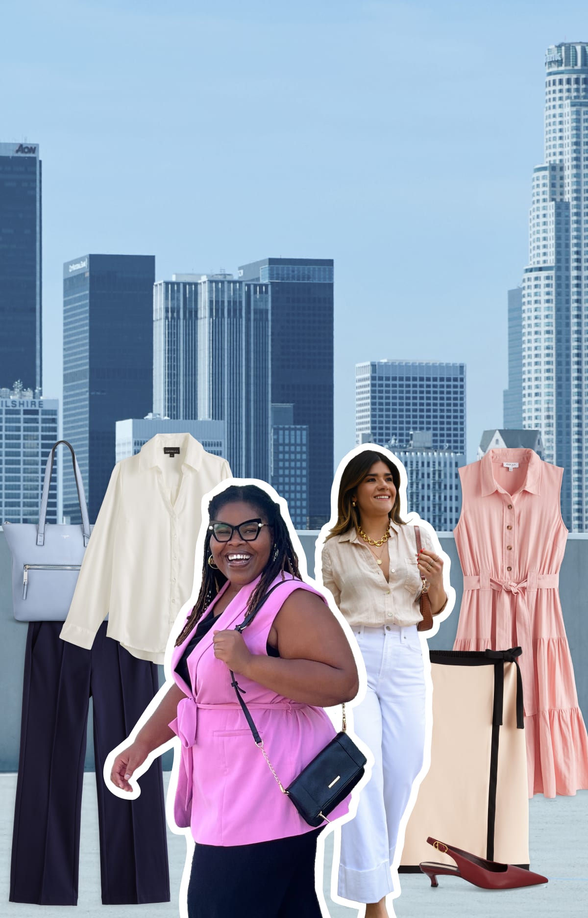 Assortment of Stitch Fix women’s clothes from online stylists including workwear shirts, dresses, skirts, pants, bags and accessories