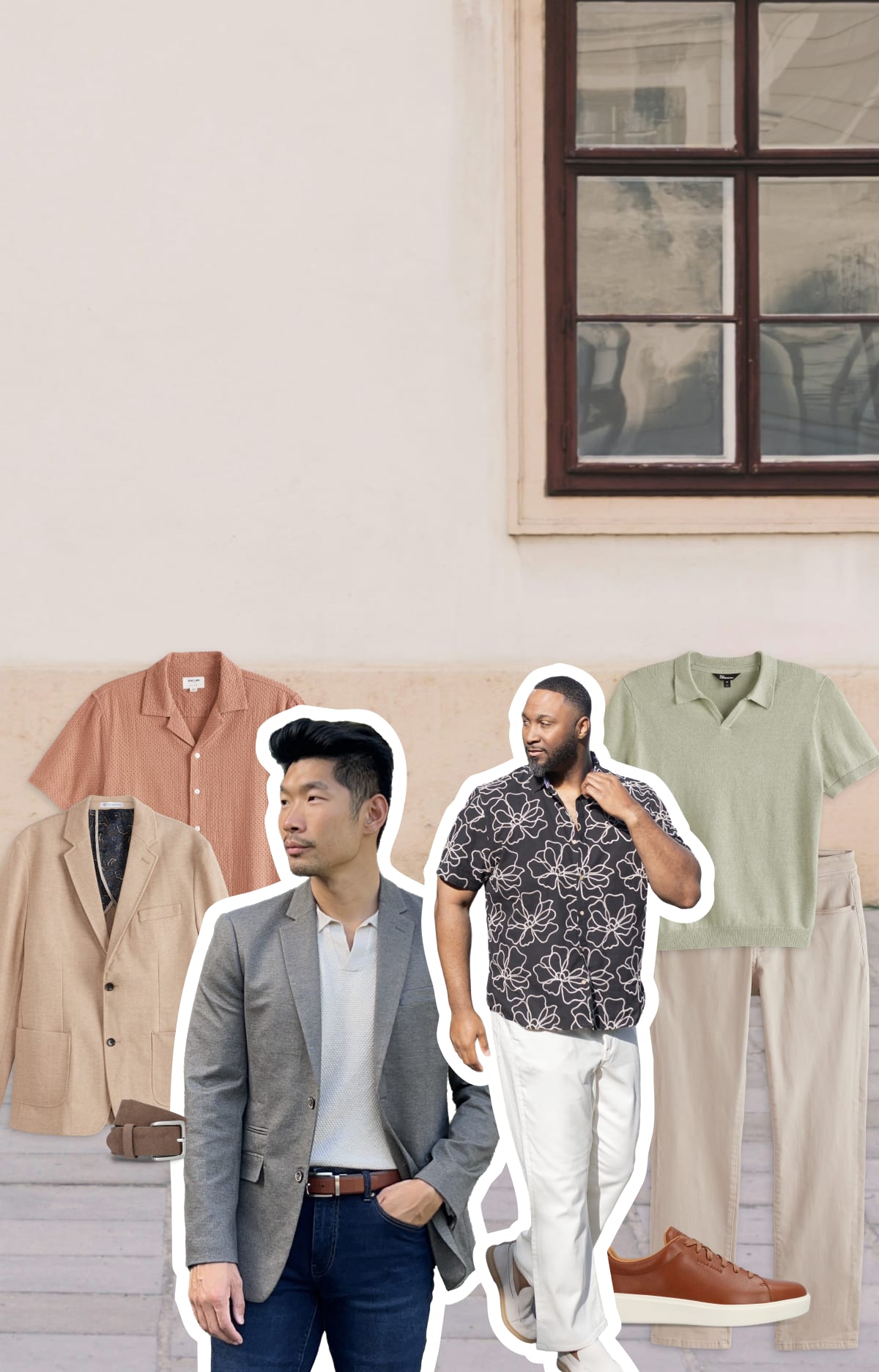 Assortment of Stitch Fix men’s clothes from online stylists including workwear and casual clothes like blazers, button-down shirts, camp collar shirts, jeans, sneakers and chinos