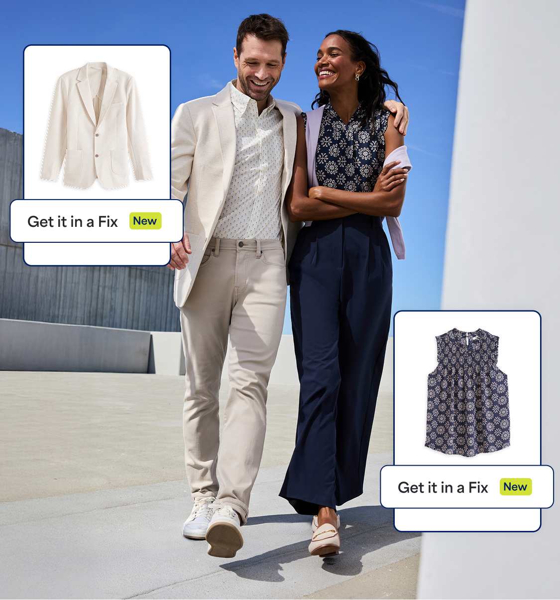 Man and woman in Stitch Fix clothing including men’s blazer and jeans and women’s trousers and blouse. Items picked by clients.