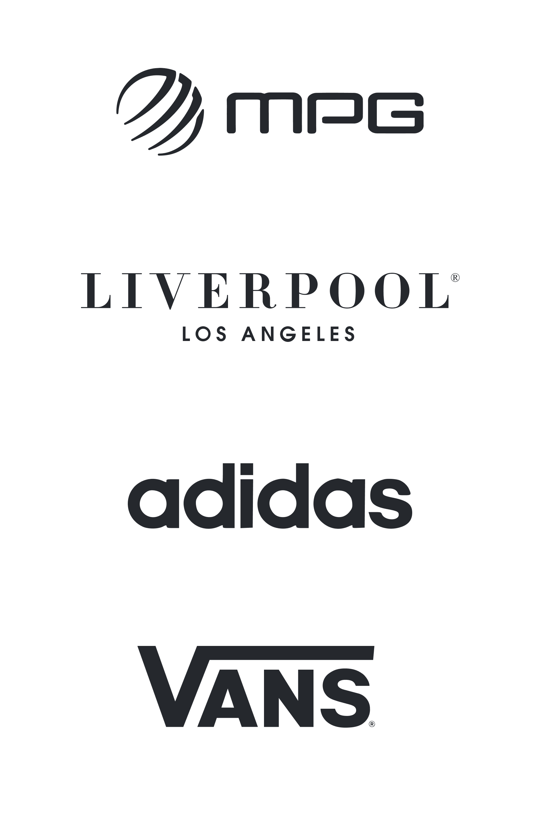 MPG logo with circular icon and text Liverpool Los Angeles logo in serif font adidas logo with classic 3-stripe design VANS logo in bold uppercase type