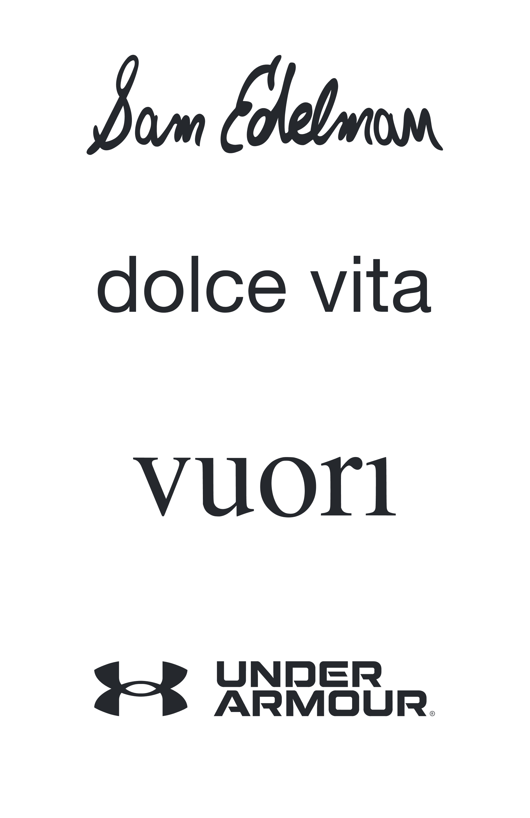 Sam Edelman logo in cursive handwriting dolce vita logo in lowercase serif Vuori logo in minimalist font Under Armour logo with interlocked “UA” symbol