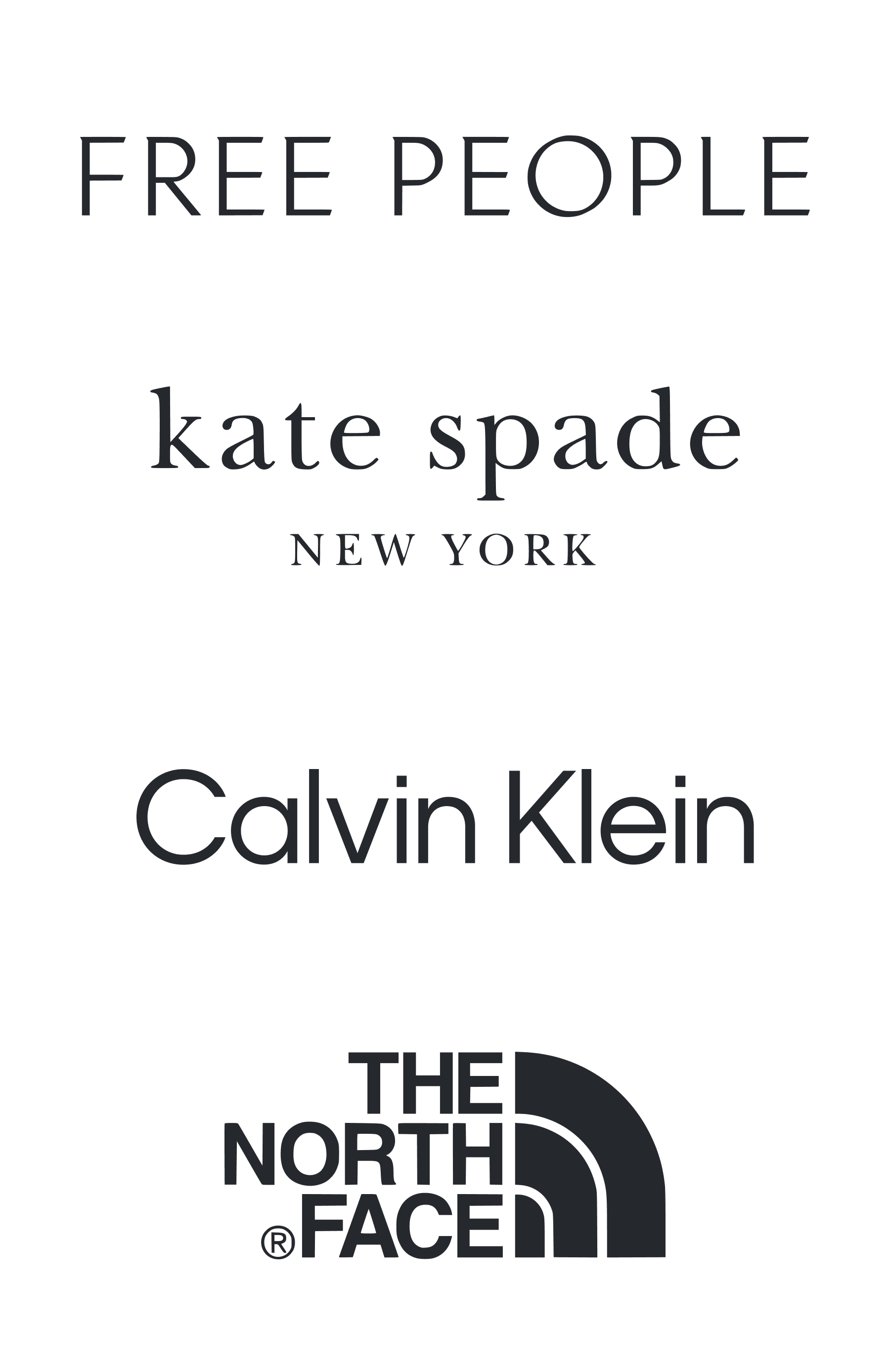 Free People logo in handwritten style kate spade new york logo in serif lowercase Calvin Klein logo in lowercase sans-serif The North Face logo with arc symbol