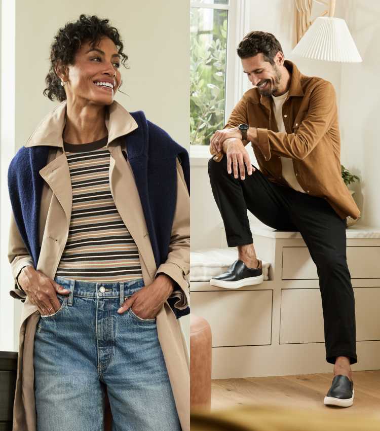 Left image:   Model wearing Stitch Fix women’s clothing, including: camel trench layered over a navy coat, striped tee, and high-rise relaxed jeans. Text overlay reads: “Ready to get styled again?”   Right image:   Model wearing Stitch Fix men’s clothing, including: tan overshirt, white tee, black pants, and slip-on sneakers. He’s smiling while adjusting his shoe. Text overlay reads: “Schedule a Fix to get your offer.”