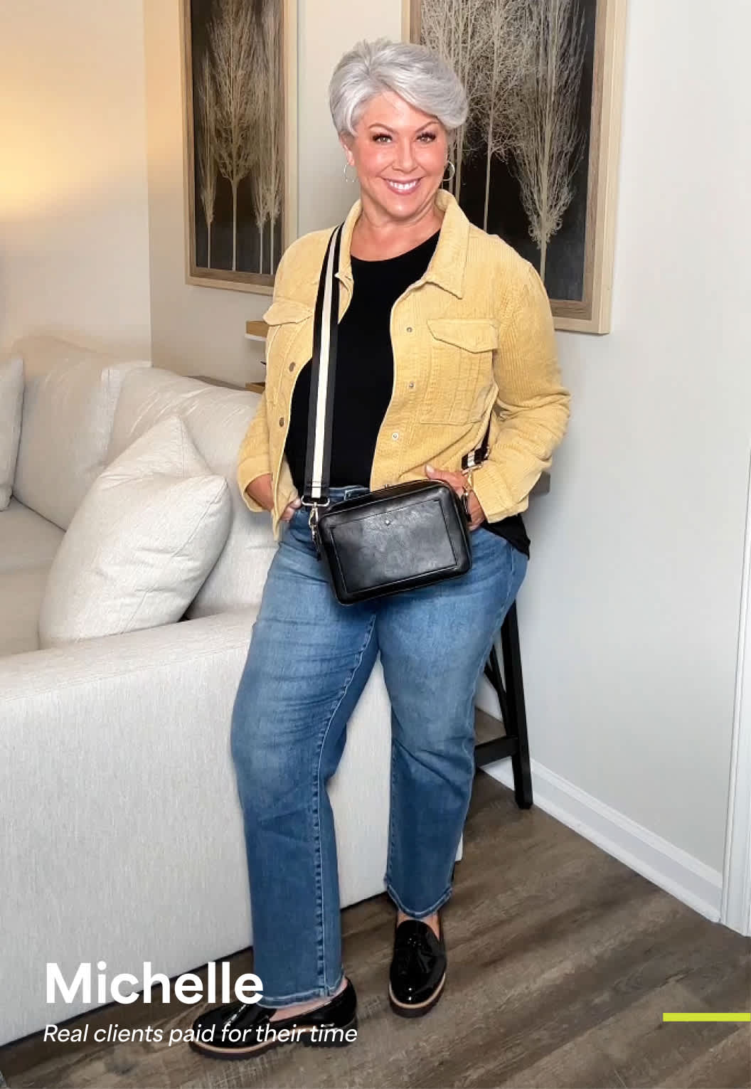  Michelle, a Stitch Fix client in her 60s, wearing a yellow moto jacket, striped tee, and jeans
