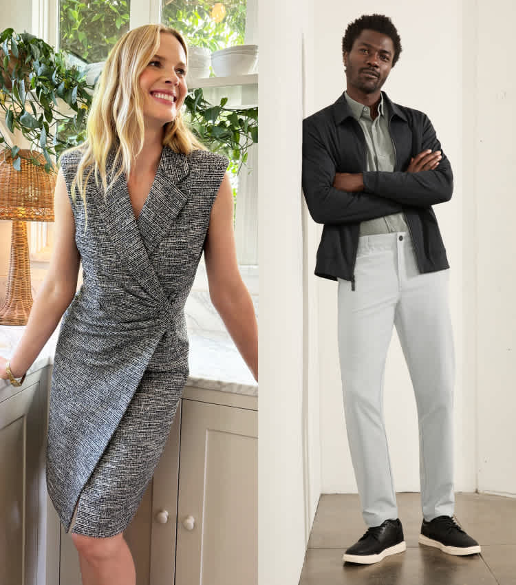Split-screen image: On the left, a man in a casual work look sits on a white table wearing a black jacket, sage green shirt, and light gray trousers.  On the right, a woman in a sleeveless gray wrap dress smiles while leaning against a kitchen counter.