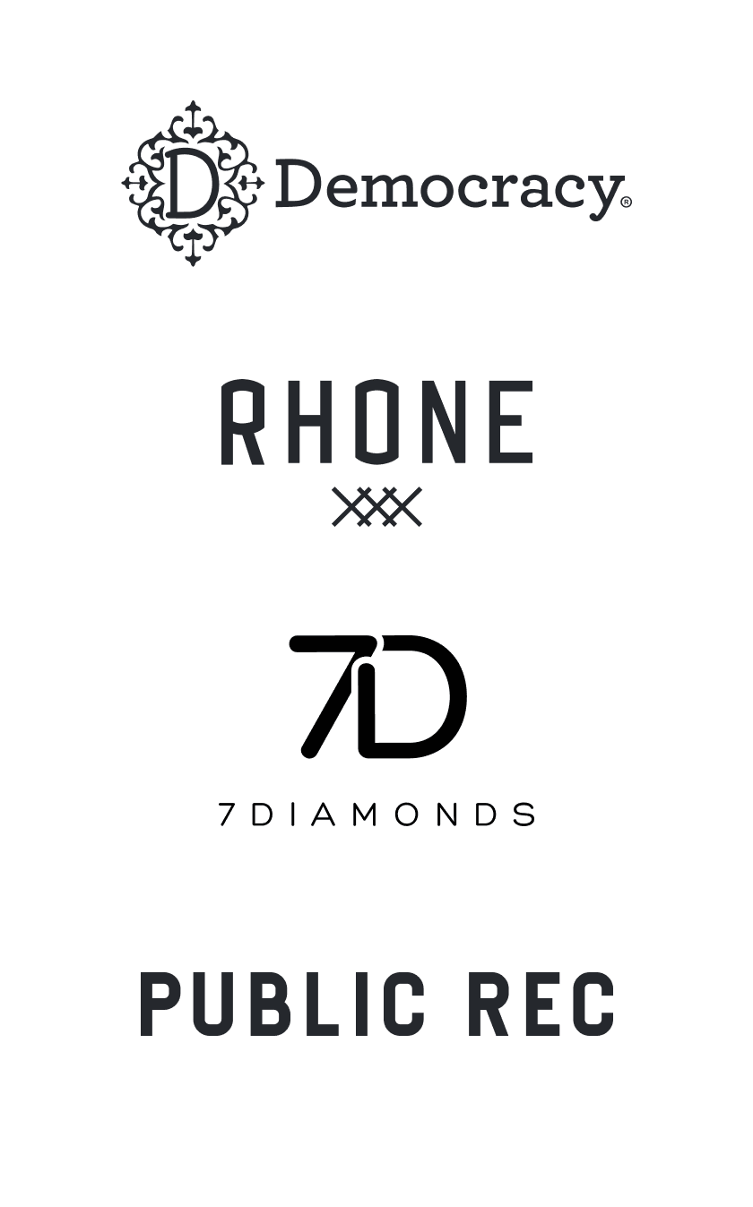 Brand logos: Democracy, Rhone, 7Diamonds, Public Rec