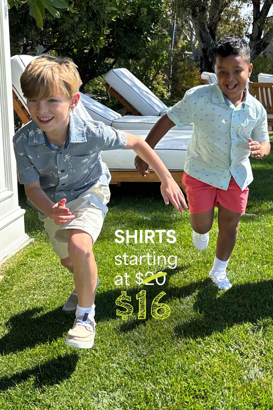 Boys in Stitch Fix: short-sleeve shirts and shorts, running on grass. Text: “SHIRTS starting at $16.”