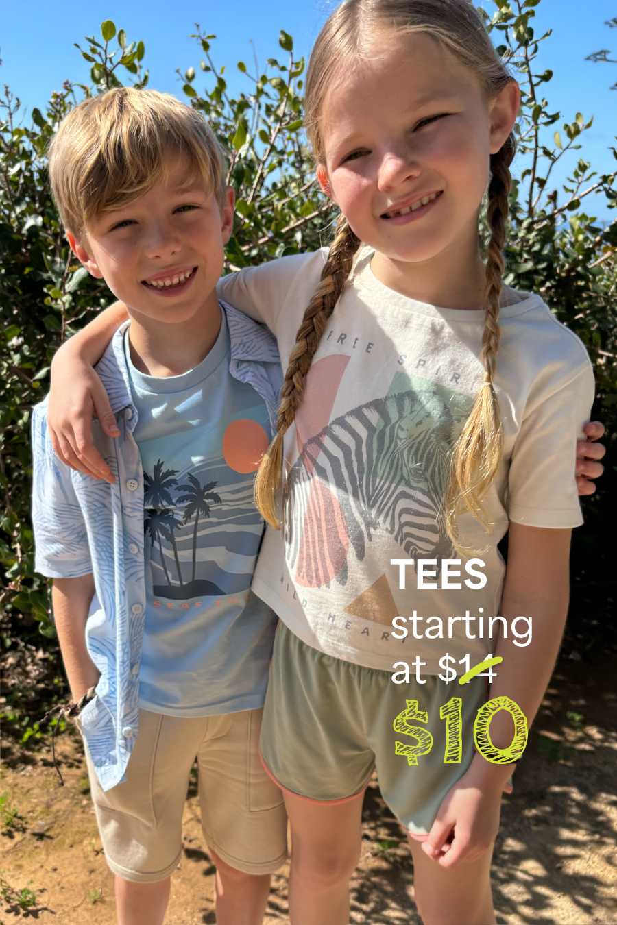Kids in Stitch Fix: tees and shorts, smiling outdoors. Text: “TEES starting at $10.”