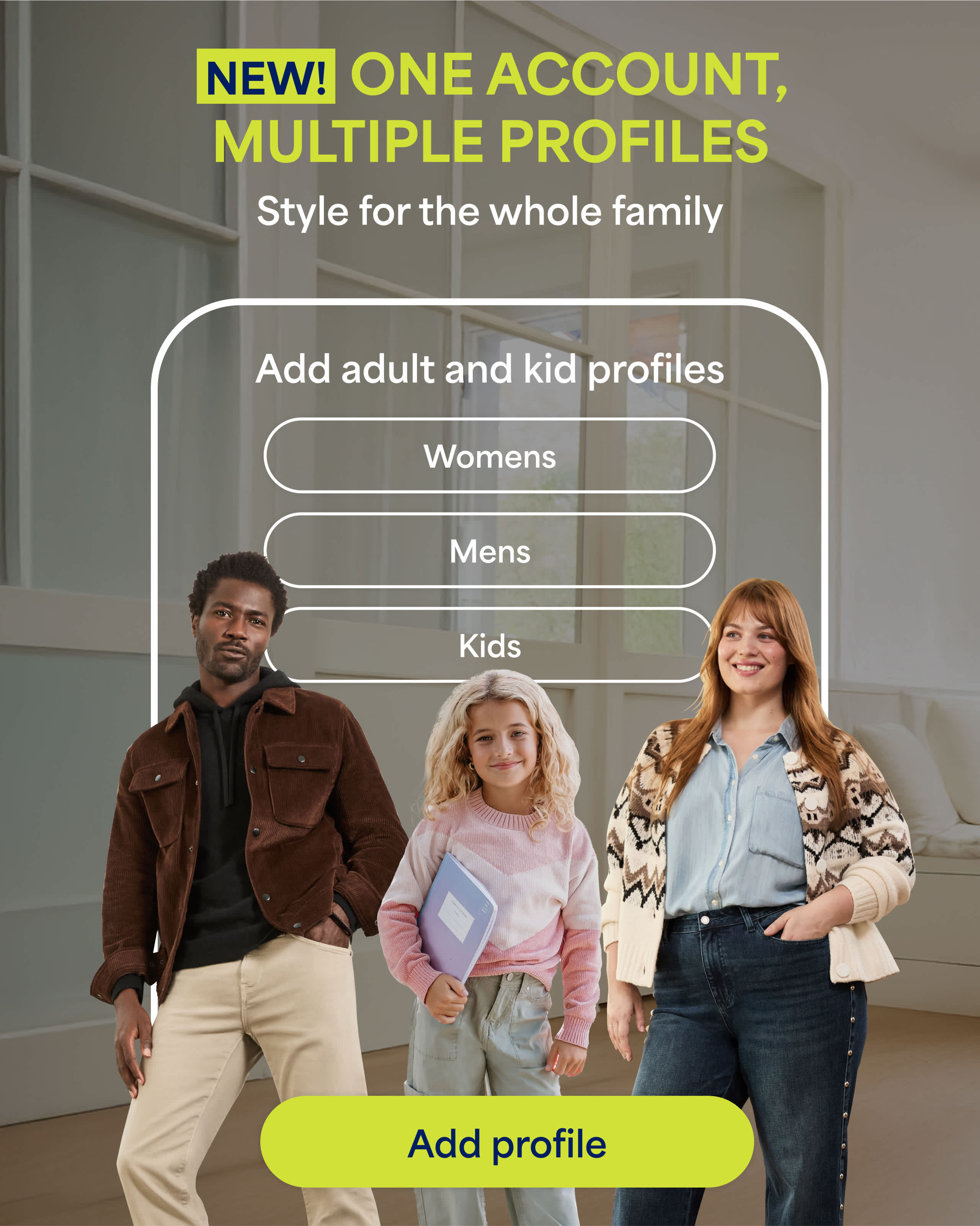 Stitch Fix men’s and women’s clients wearing Stitch Fix outfits as part of one account, multiple profiles