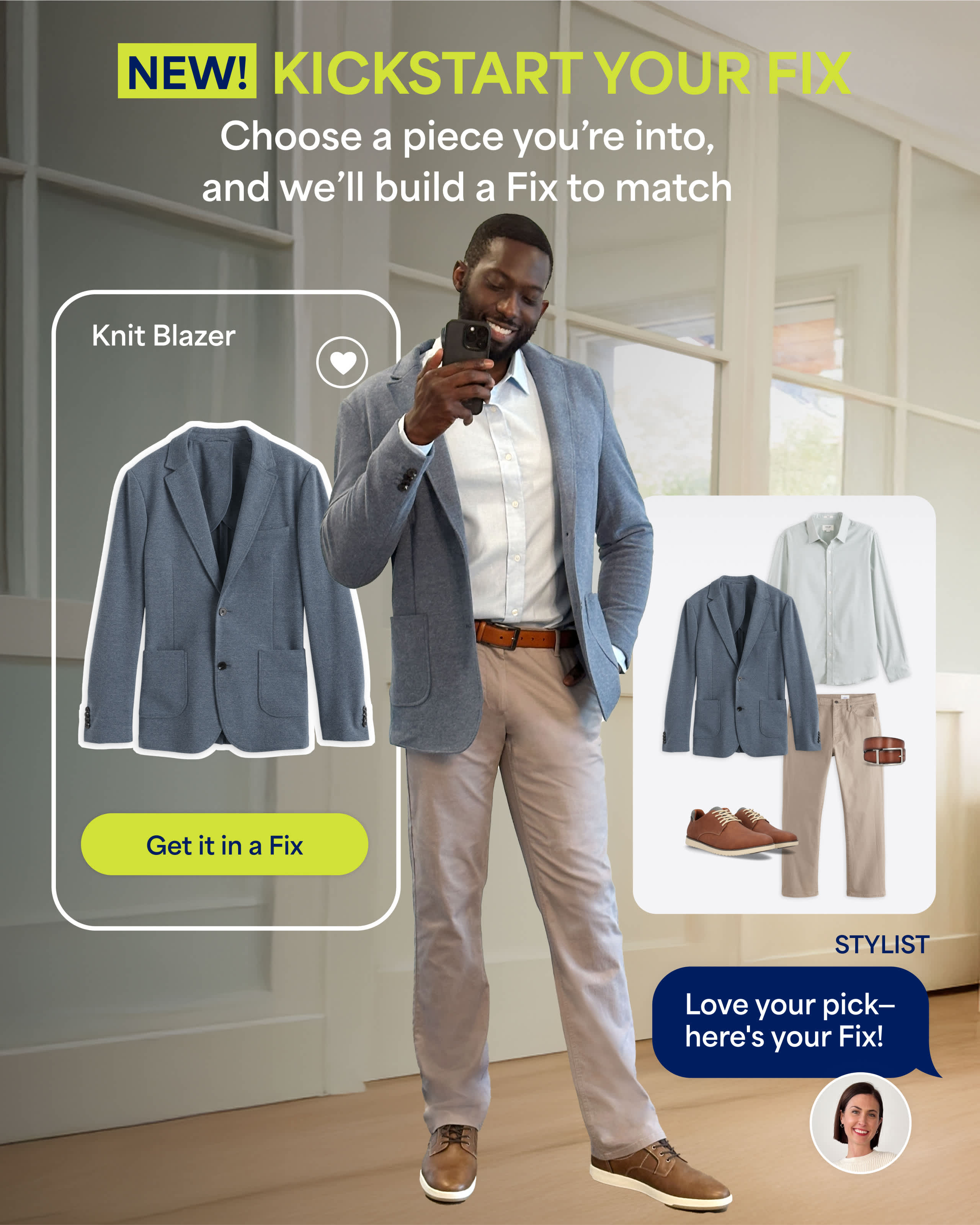Man wearing Stitch Fix work outfit including blazer, chinos and button-down shirt. Kickstart your Fix with an item you choose.